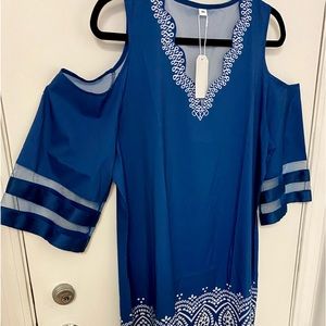 Blue cold shoulder dress.